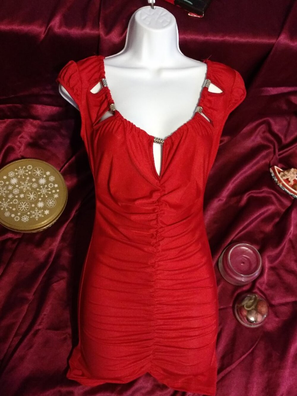 Red Bodycon Ruched Minidress Small/Medium/Large - Picture 6 of 6